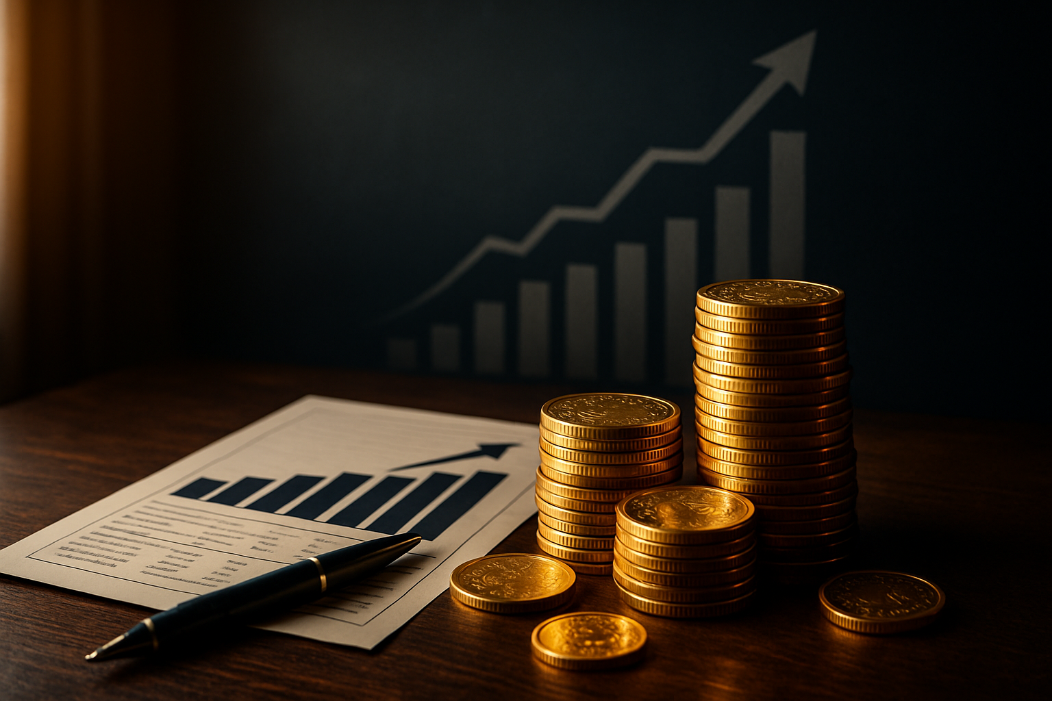 Capa de artigo sobre controle financeiro com pilhas de moedas de ouro, gráficos de crescimento e caneta, representando sucesso e organização financeira