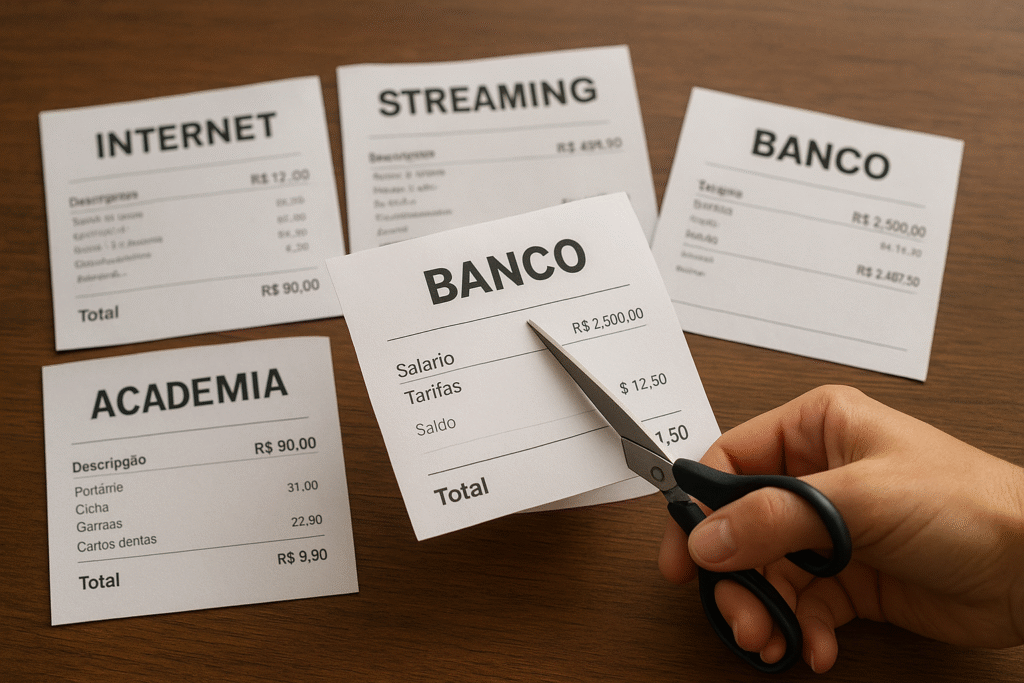 Mesa com contas de internet, academia, streaming e banco sendo cortadas por uma tesoura, representando a eliminação de gastos invisíveis no orçamento.