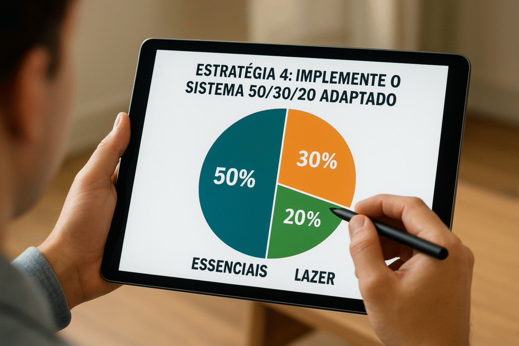 Pessoa brasileira apontando gráfico de pizza no tablet mostrando o sistema 50/30/20 adaptado para organização financeira pessoal.