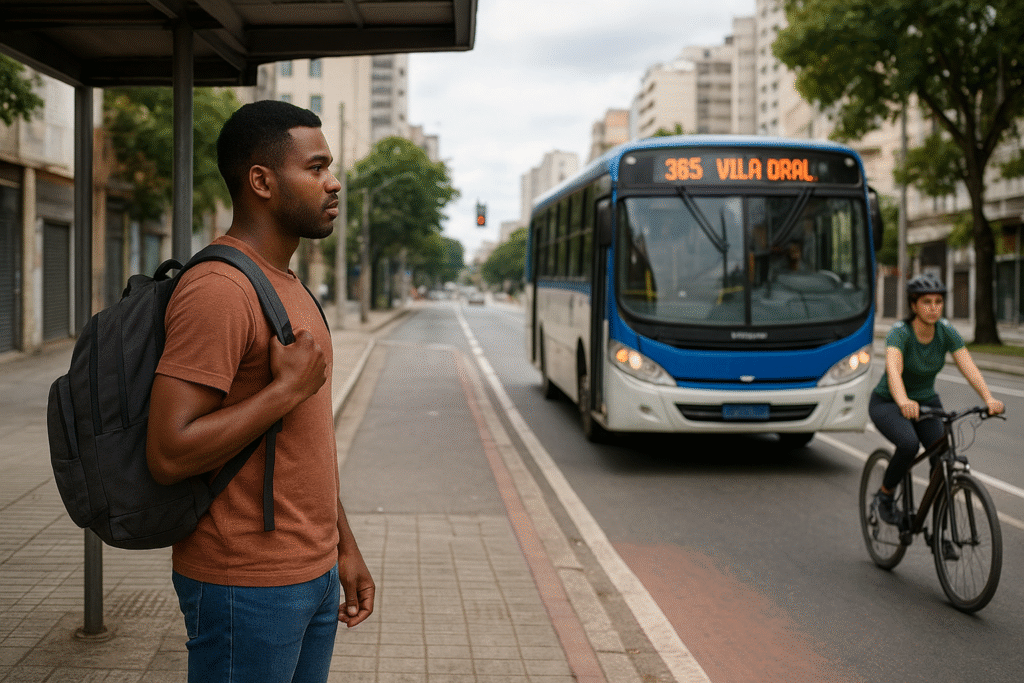 Homem aguardando ônibus em ponto urbano e ciclista em ciclovia de cidade brasileira, representando economia no transporte.