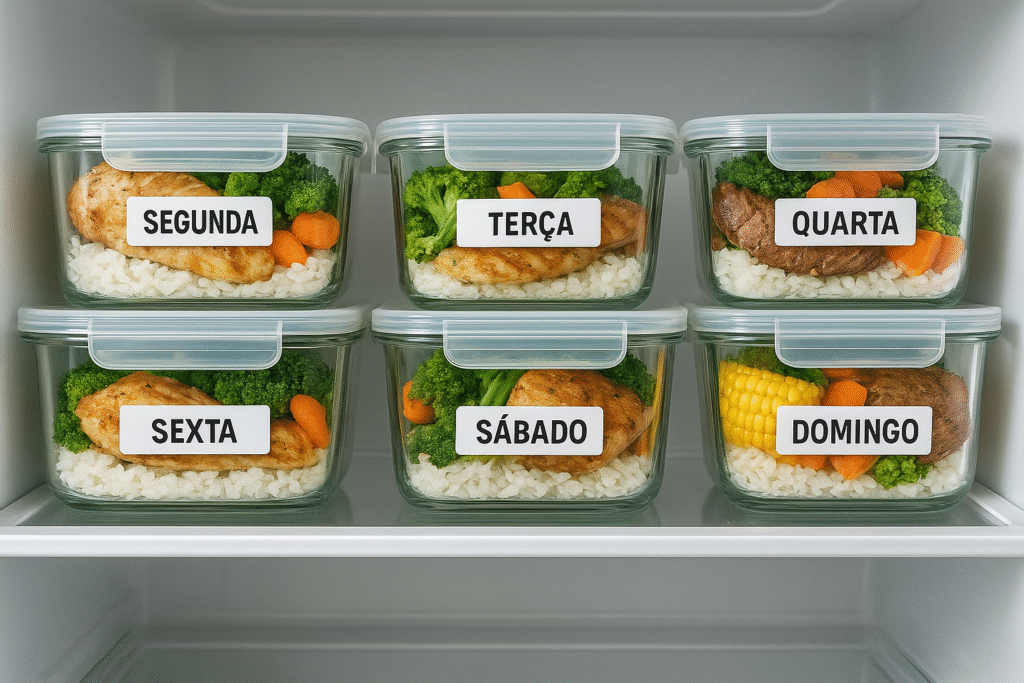 Marmitas organizadas em potes de vidro com etiquetas dos dias da semana dentro de uma geladeira, mostrando planejamento de refeições e combate ao desperdício alimentar no Brasil