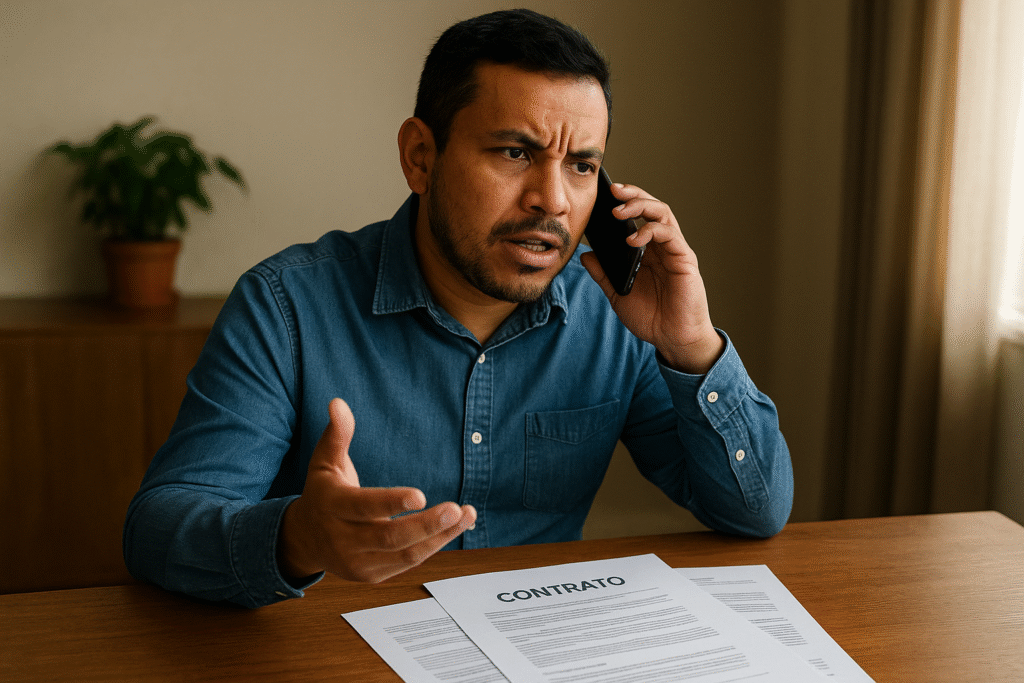 Homem brasileiro falando ao telefone para renegociar contratos fixos, com papéis de contrato sobre a mesa.