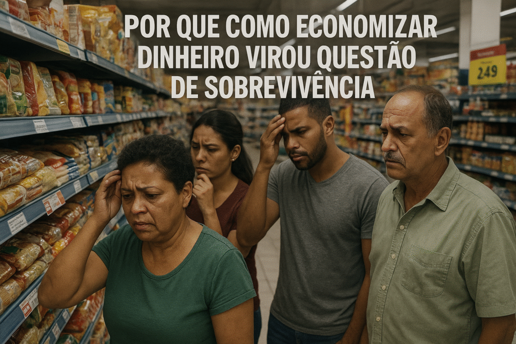 Pessoas em supermercado brasileiro analisando preços nas prateleiras com expressão de preocupação pensando em como economizar dinheiro devido à inflação