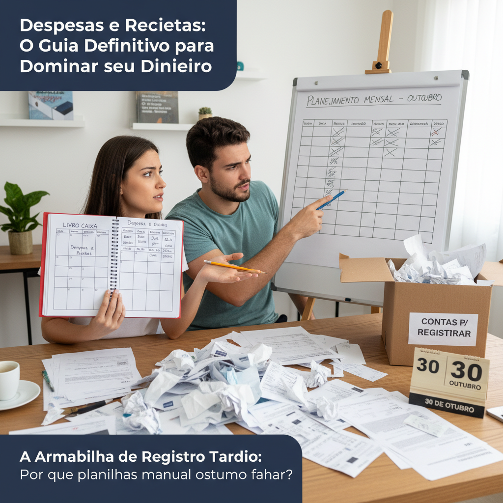 Pessoa frustrada tentando preencher controle de gastos no Excel com recibos acumulados