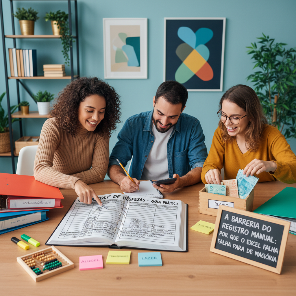 Pessoa frustrada tentando fazer o controle de despesas no excel com muitos recibos acumulados