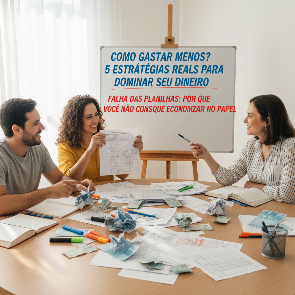 Pessoa frustrada diante de um computador com planilhas complexas ilustrando a dificuldade de gastar menos