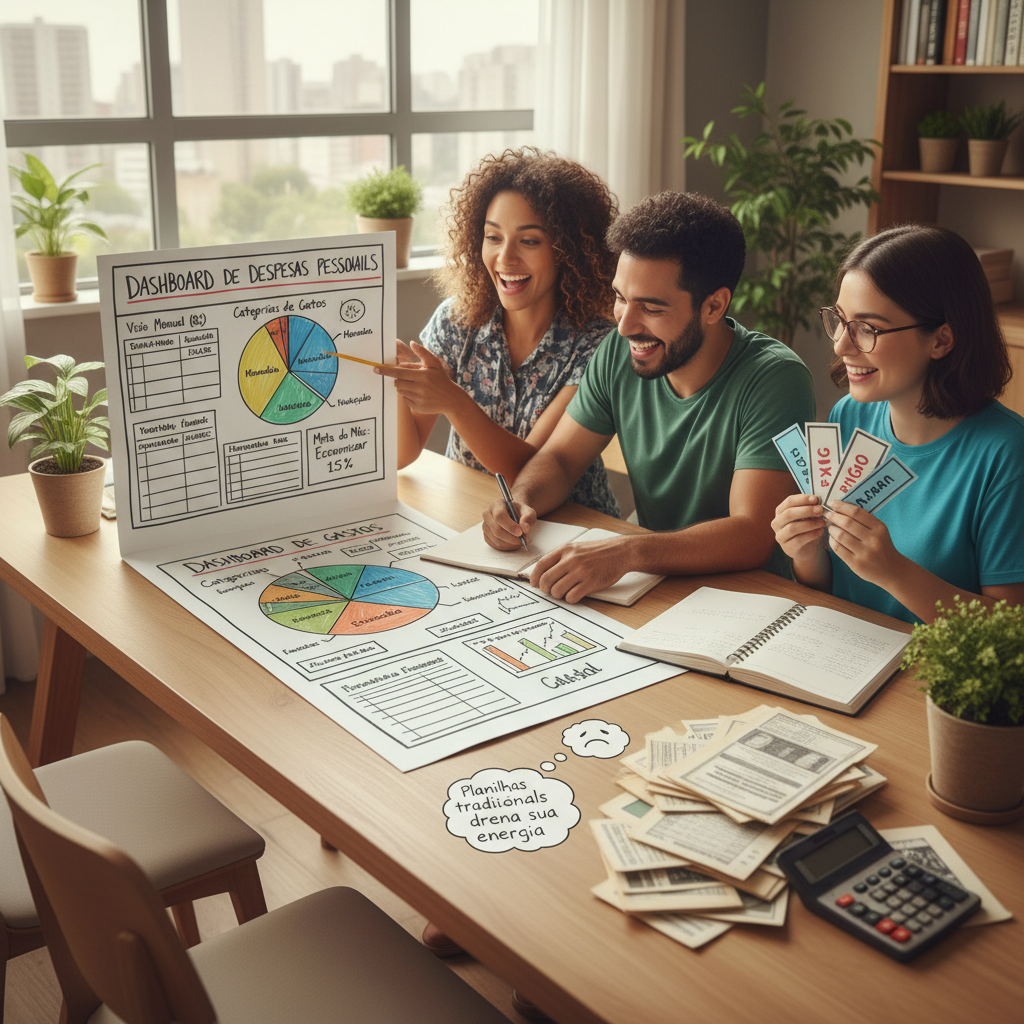 Pessoa cansada tentando preencher um dashboard despesas pessoais em uma planilha complexa