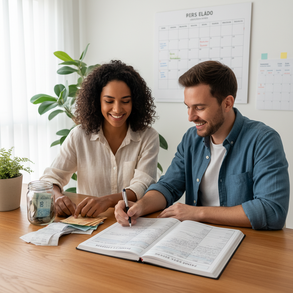 Pessoa frustrada com planilha de despesas pessoais complexa e papéis acumulados