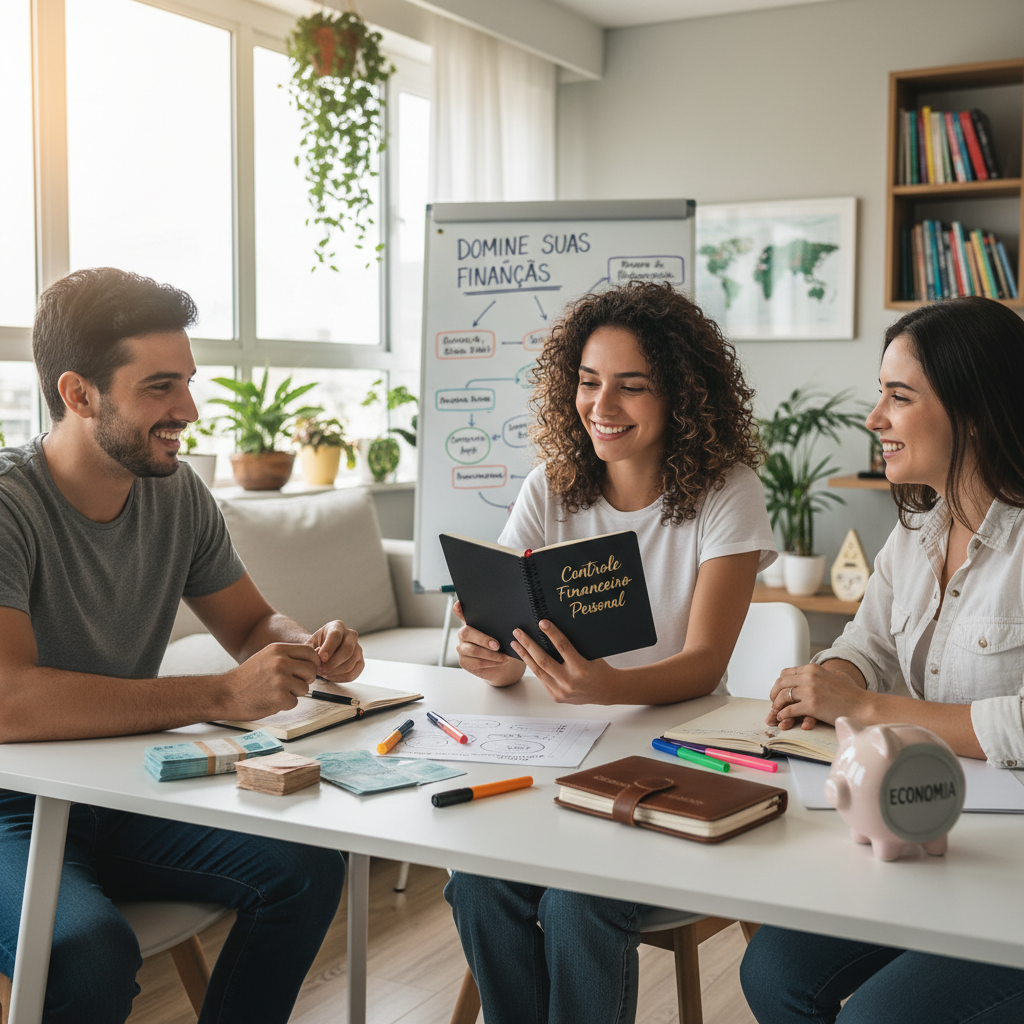 Mãos segurando smartphone com aplicativo para controle de gastos aberto exibindo gráficos financeiros