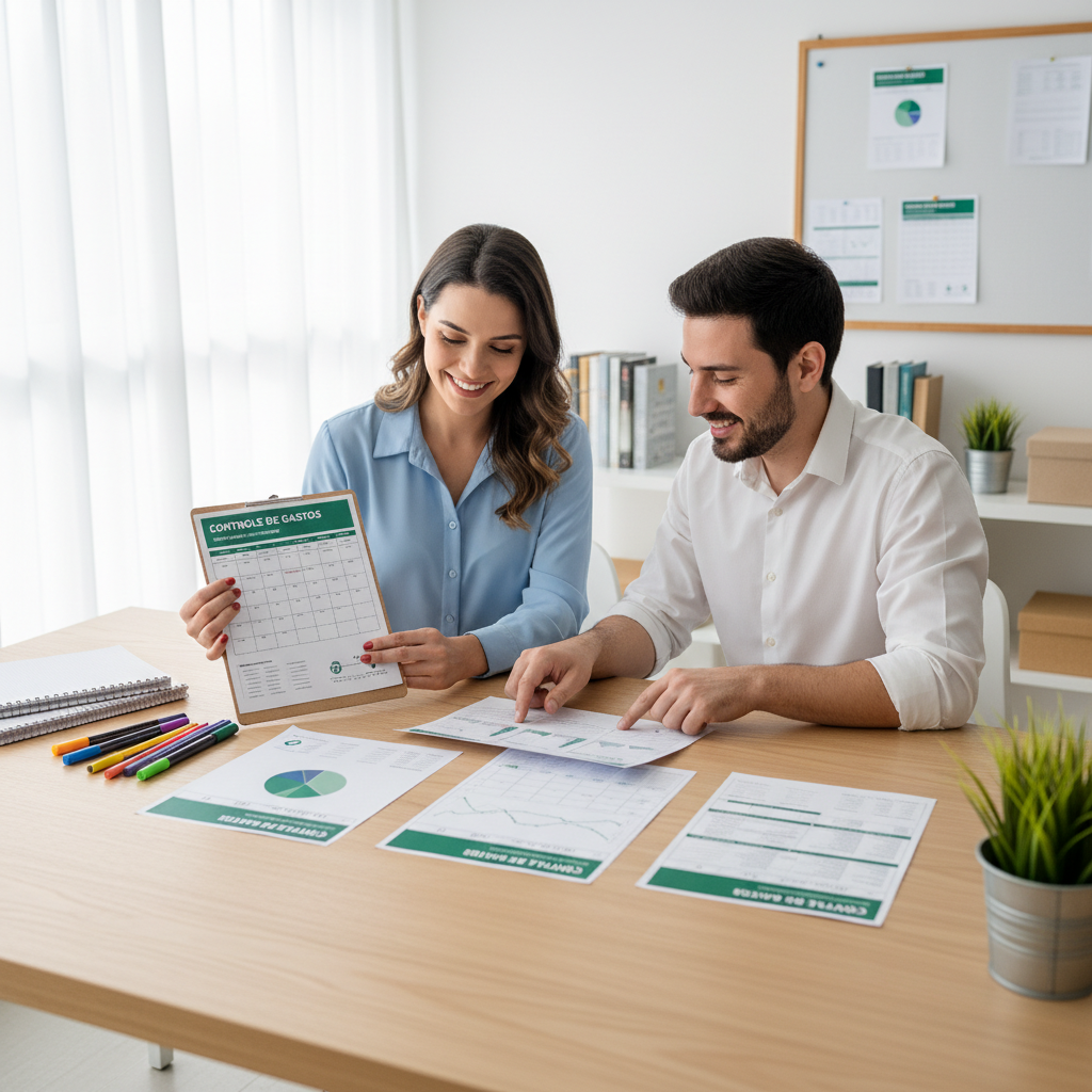 Quatro tipos de layouts de planilhas financeiras impressas com diferentes colunas e categorias