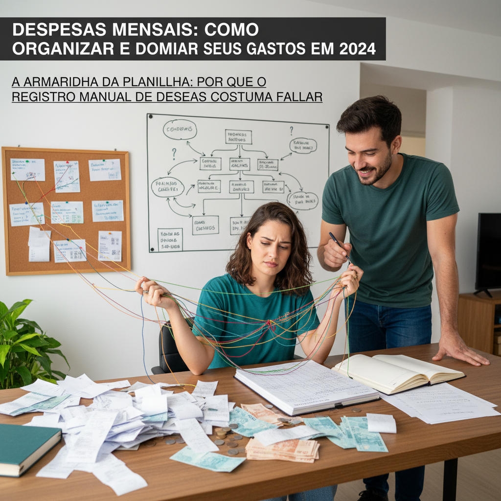 Homem frustrado com planilha de gastos demonstrando a falha do registro manual