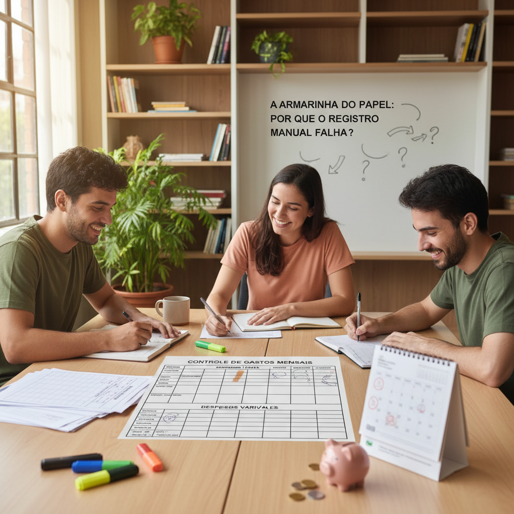 Pessoa esquecendo de anotar gastos manuais evidenciando a falha do registro em papel