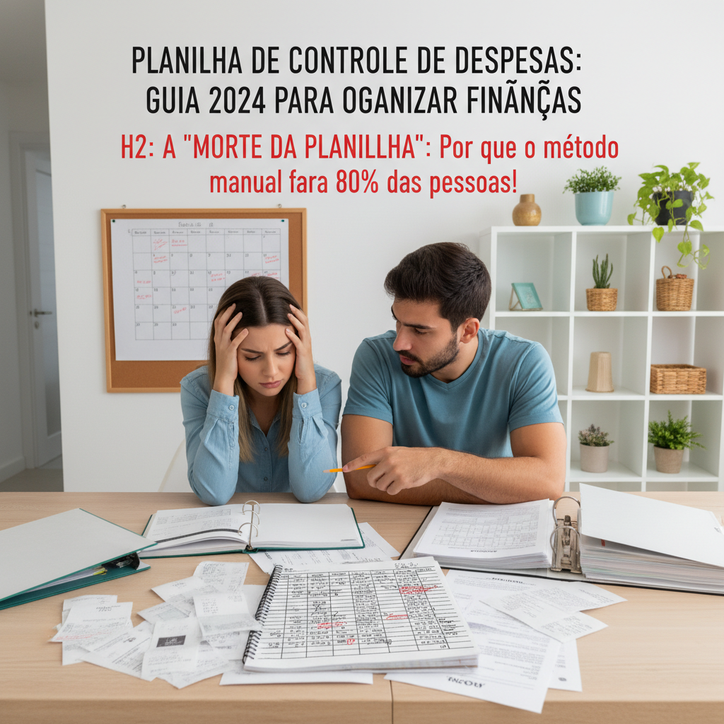 Pessoa frustrada olhando para planilha de controle de despesas manual cheia de erros