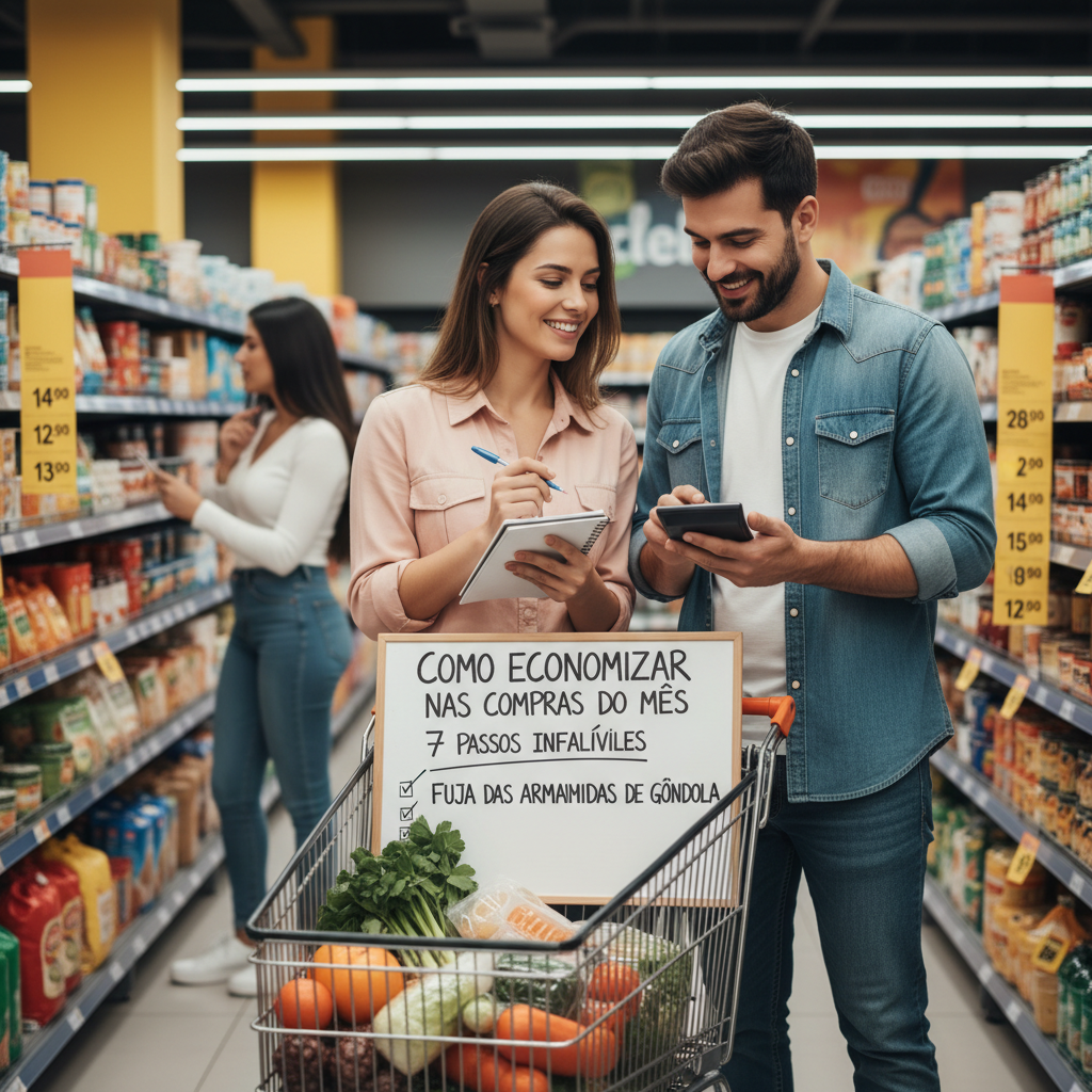 Carrinho de supermercado em um corredor com luzes focadas, ilustrando como economizar nas compras do mês fugindo de armadilhas