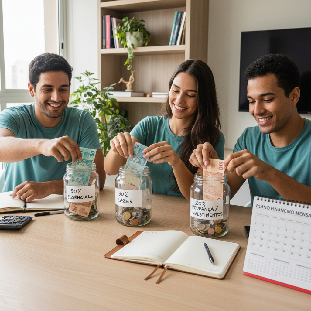 Infográfico explicando a regra 50-30-20 para organizar as finanças pessoais