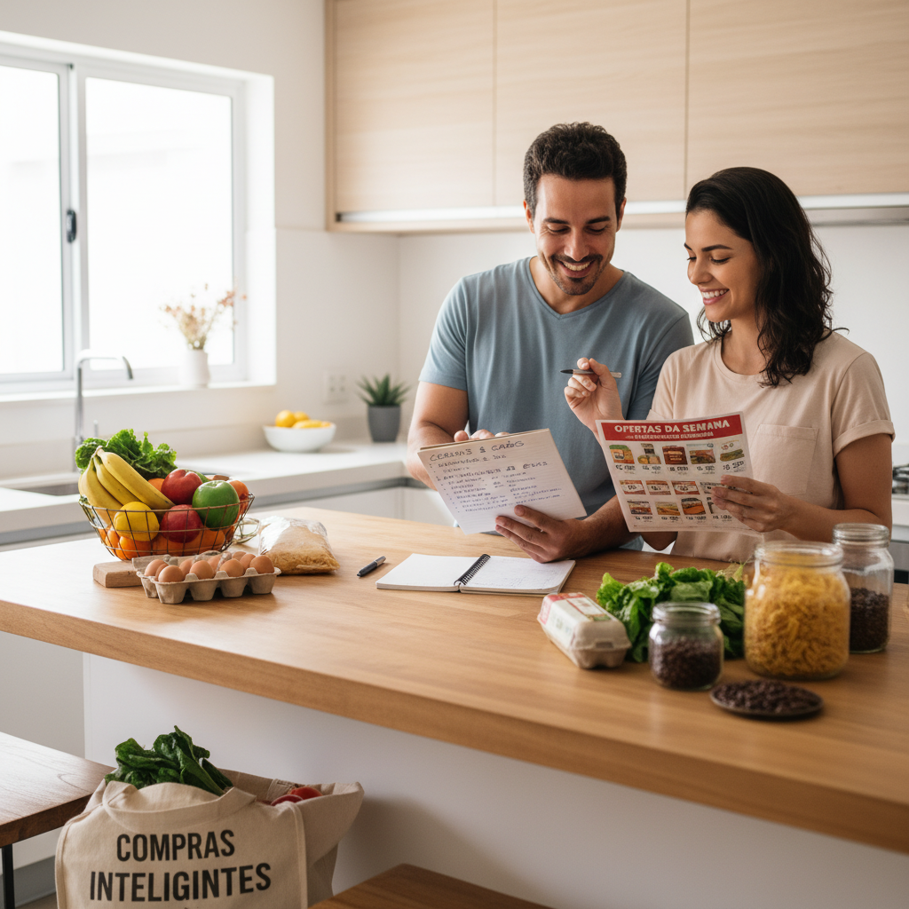 Categorias de produtos organizadas em uma lista de compras inteligente