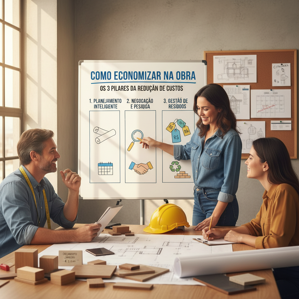 Pessoas planejando custos de obra com plantas e calculadora para saber como economizar na obra