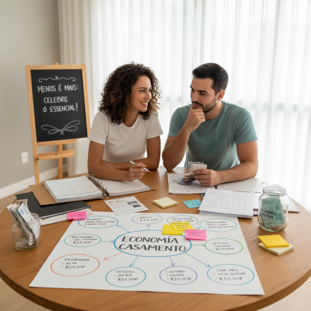 Casal planejando como economizar no casamento com foco em prioridades estratégicas