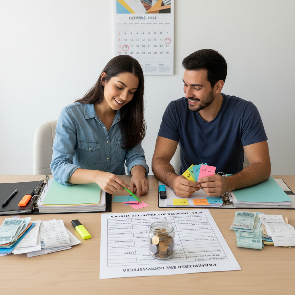 Estrutura organizada de categorias em planilha de controle de despesas com divisões coloridas