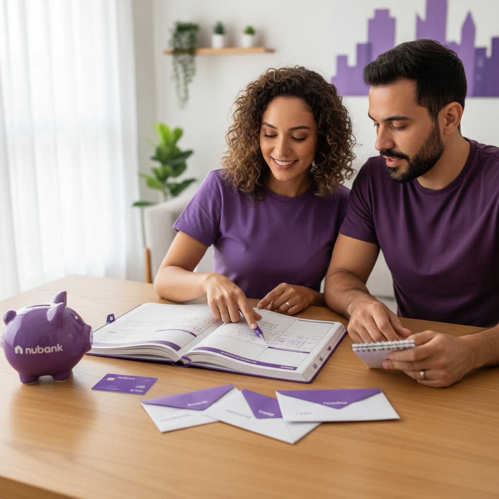 Homem analisando o controle financeiro nubank no celular com gráficos de gastos