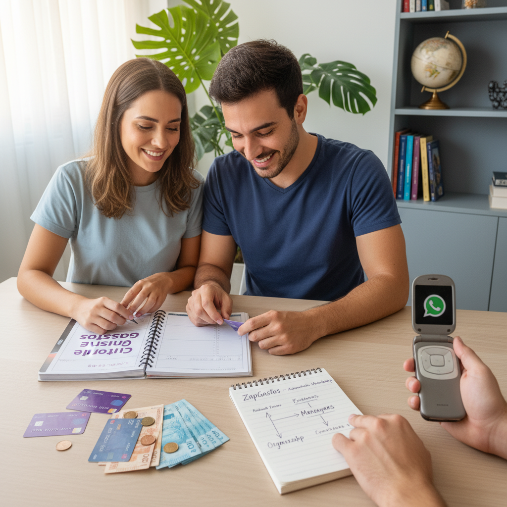 Smartphone exibindo interface do WhatsApp com conversa do ZapGastos automatizando registro de despesas em tempo real