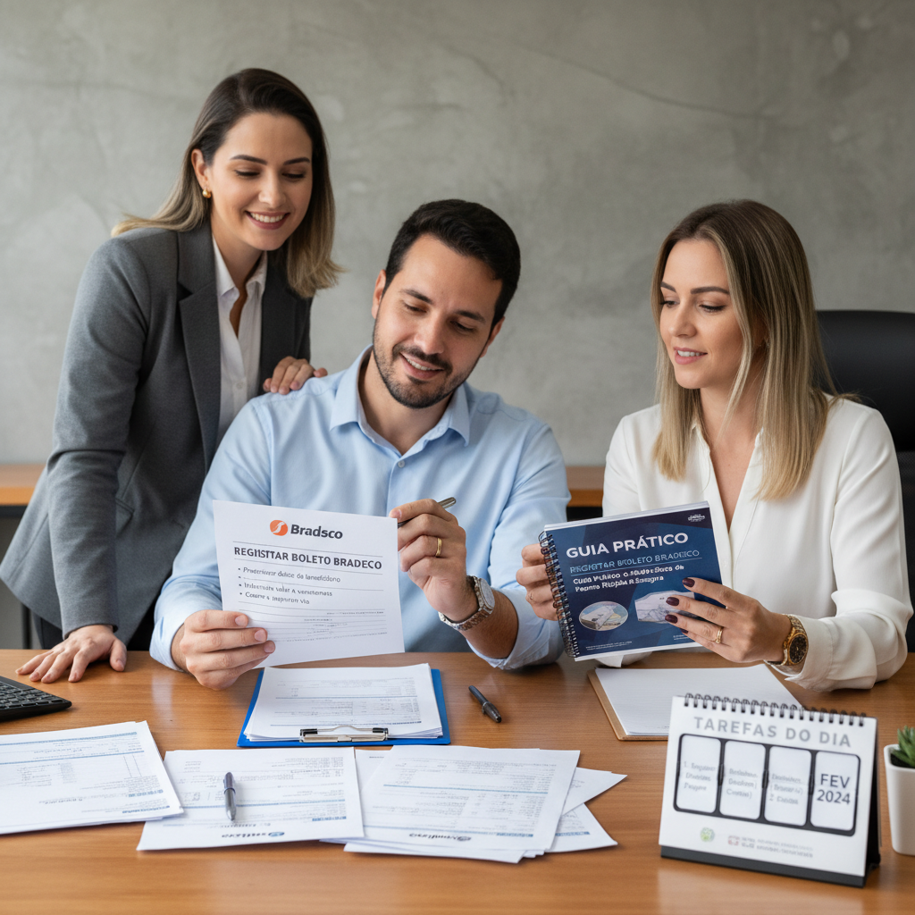 Passo a passo visual mostrando como registrar boleto Bradesco no aplicativo móvel e plataforma Net Empresa