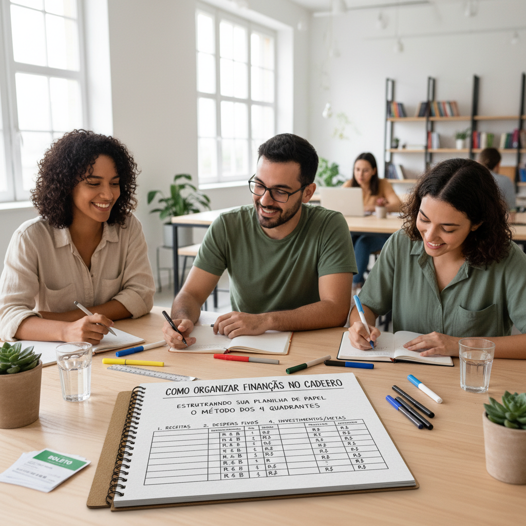 Ilustração do método dos 4 quadrantes para organizar finanças no papel