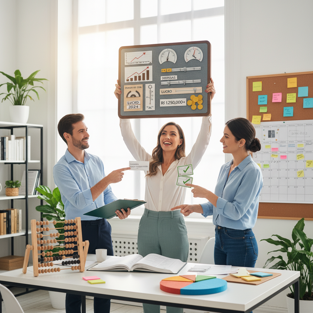 Funcionalidades de um software de gestão financeira para pequenas empresas destacando gráficos e alertas