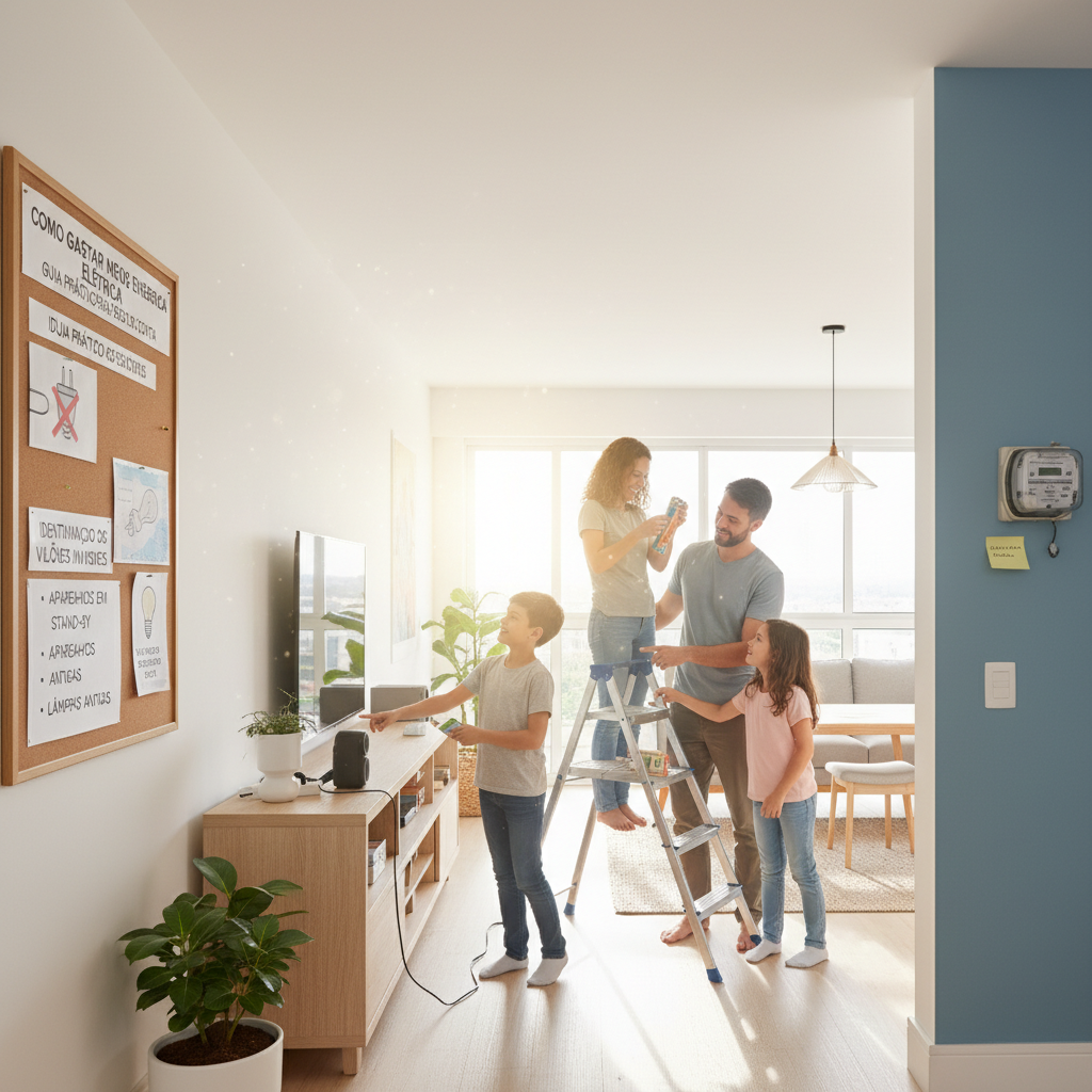 Aparelhos eletrônicos na tomada consumindo energia em modo standby, ilustrando como gastar menos energia elétrica