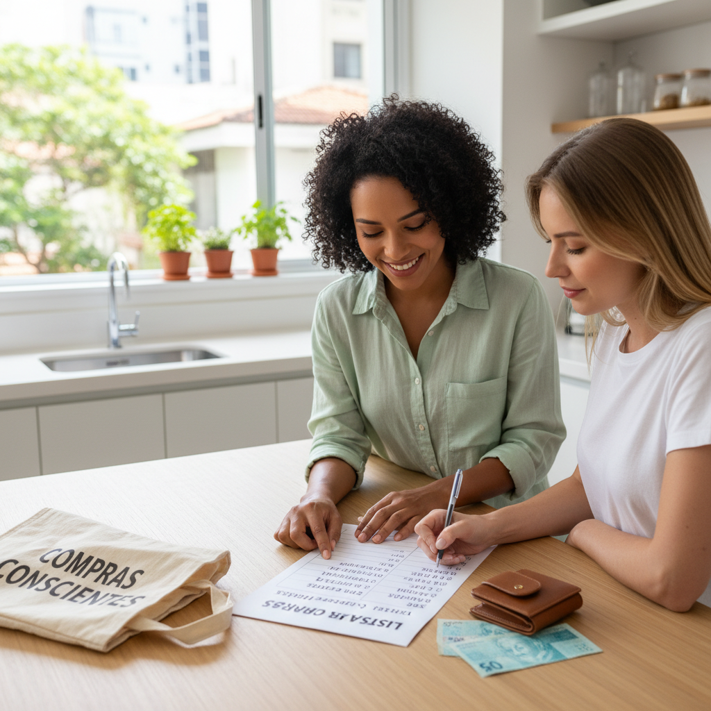 Carrinho de compras organizado por categorias como hortifruti e limpeza