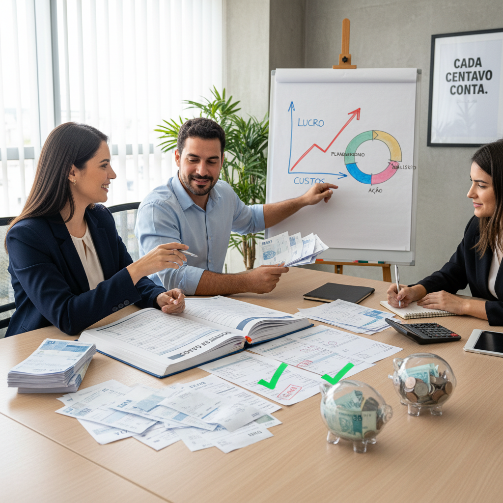 Empresário analisando gráficos de lucro e controle de gastos da empresa