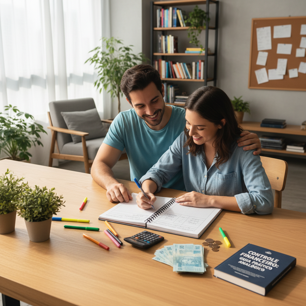 Pessoa escrevendo controle financeiro no caderno para organizar gastos mensais