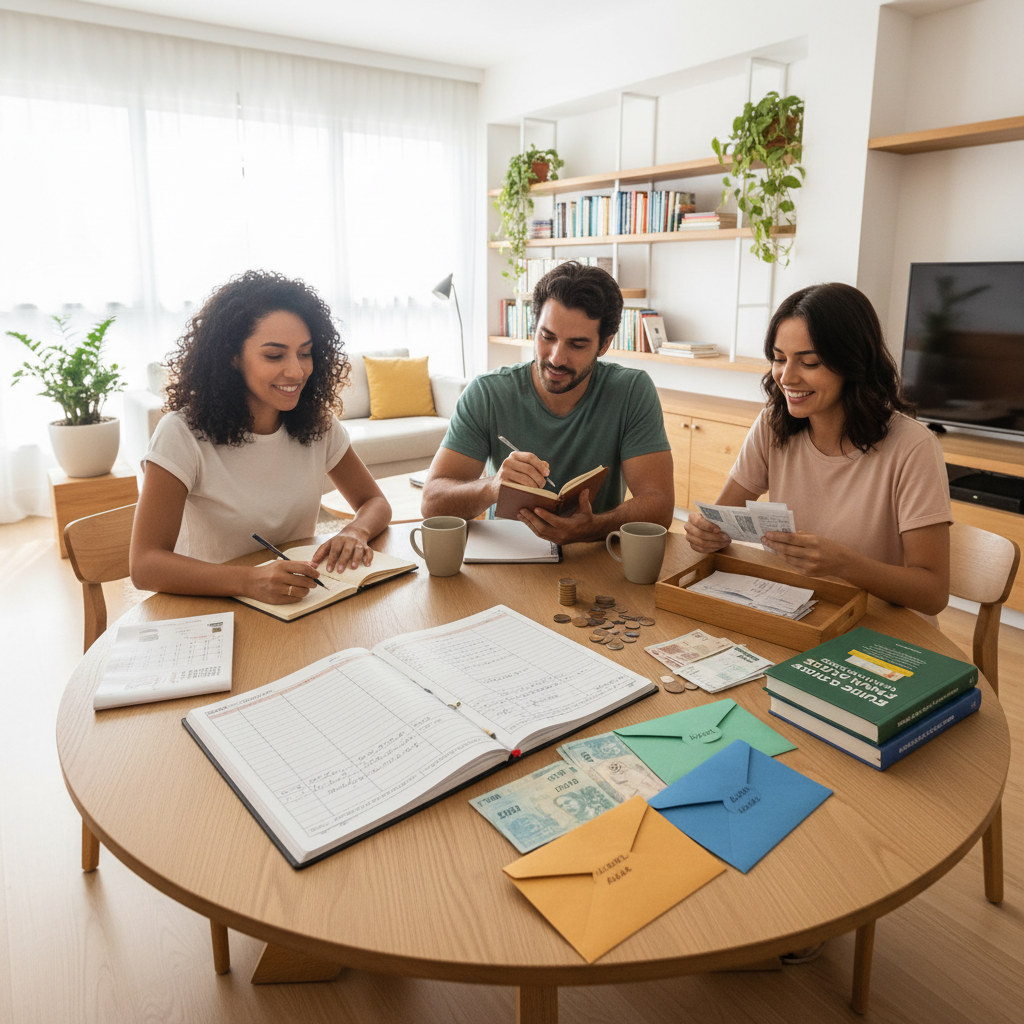 Homem frustrado olhando para planilhas de gestão de contas e celular