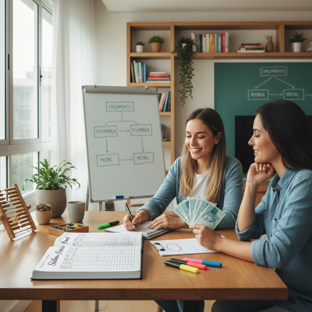 Fluxo de um sistema financeiro pessoal integrando receitas e despesas