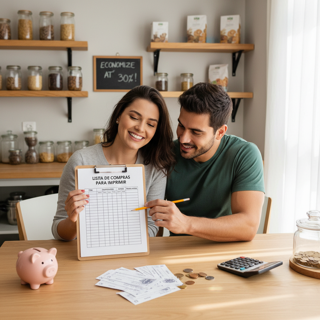 lista de compras para imprimir organizada sobre uma mesa de cozinha