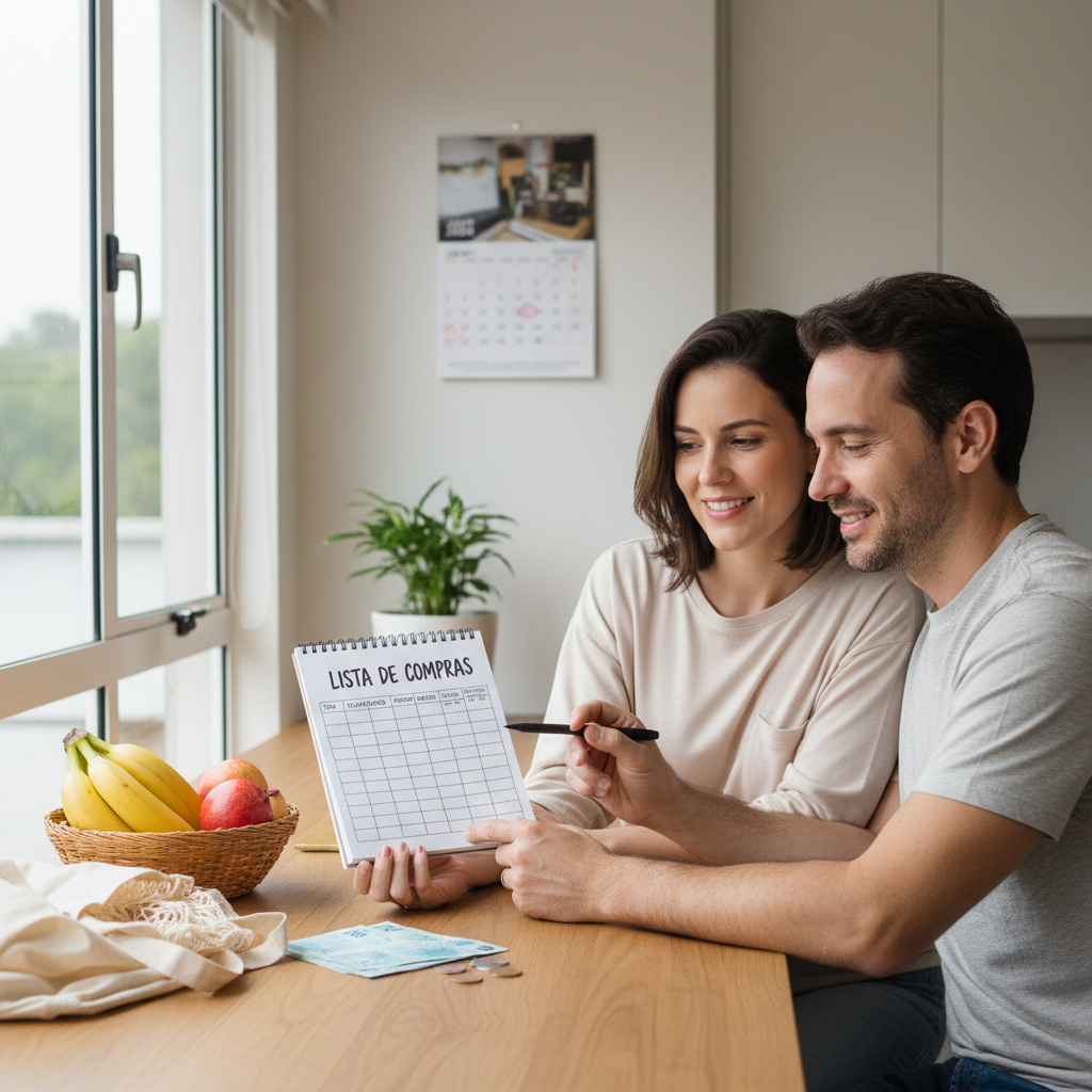 Pessoa segurando uma lista de compras simples e analisando preços no supermercado