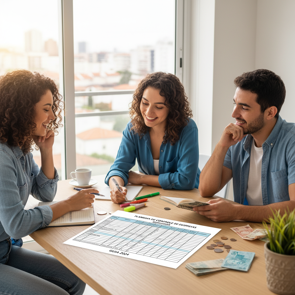Pessoa analisando planilha de controle de despesas em laptop com calculadora e relatórios financeiros sobre mesa