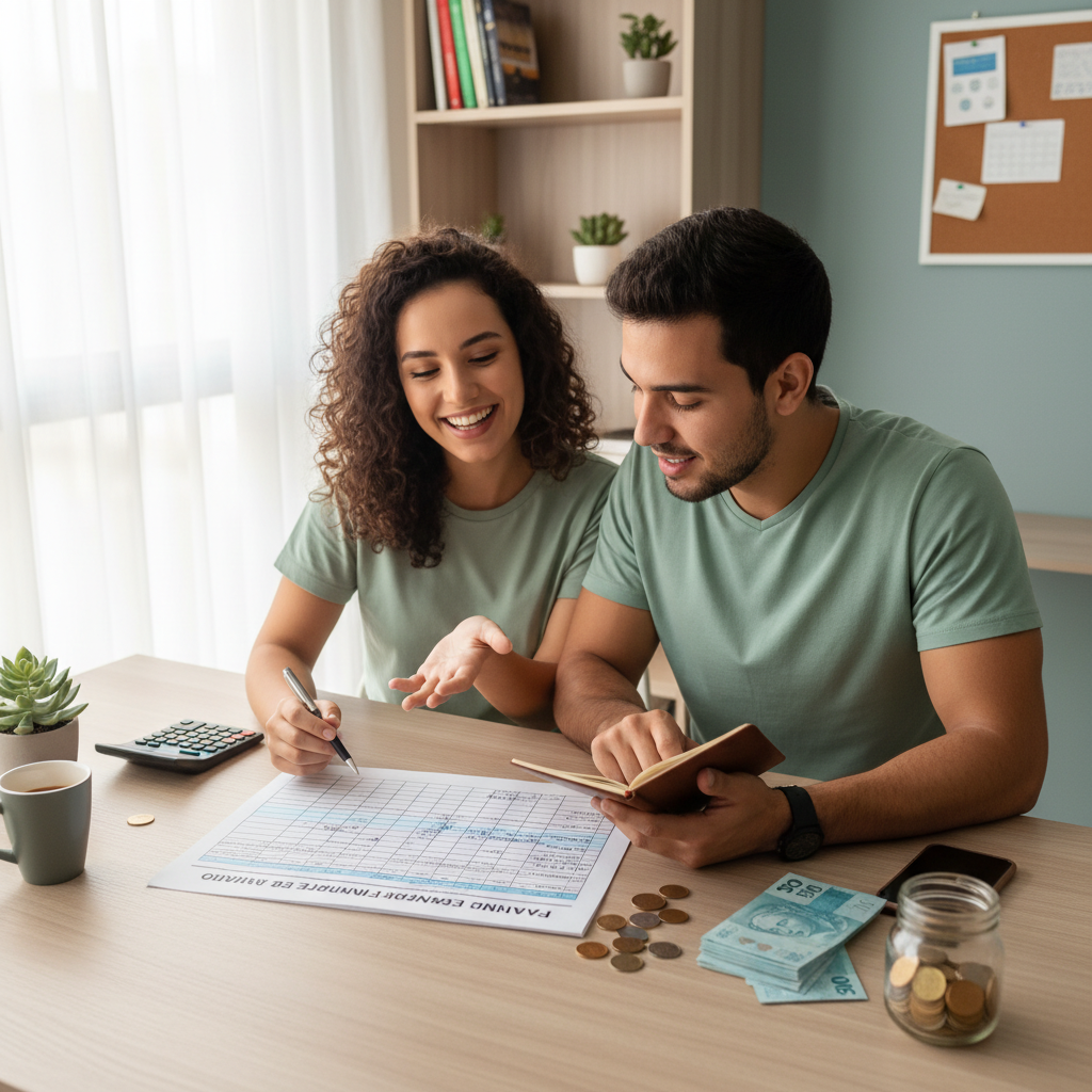 Homem analisando planilha de controle financeiro diario no computador e celular para evitar dívidas