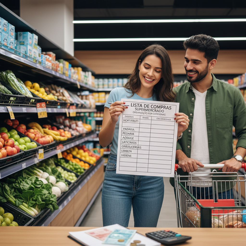 Carrinho de supermercado organizado por setores seguindo uma lista de compras de supermercado completa para editar