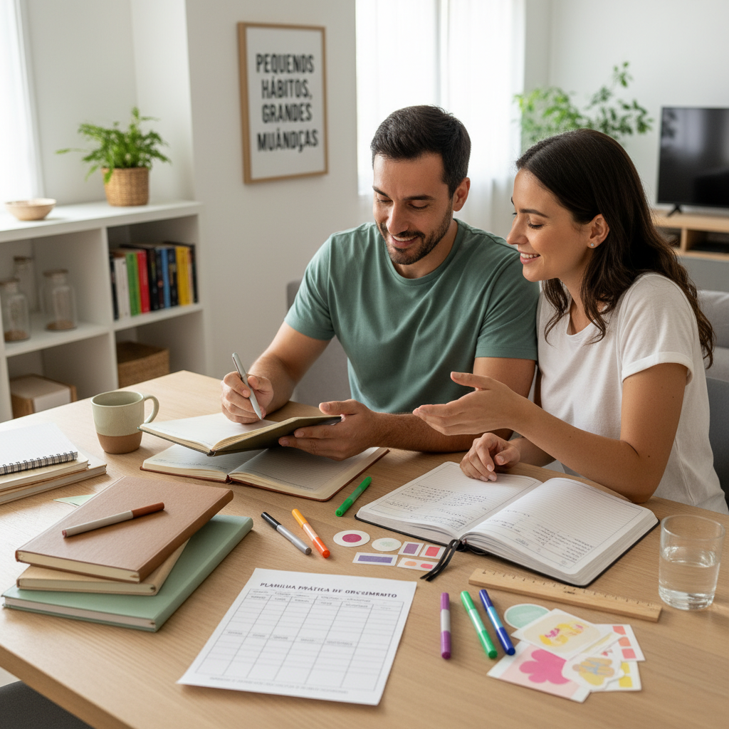Pessoa frustrada tentando anotar gastos no caderno em um ambiente movimentado