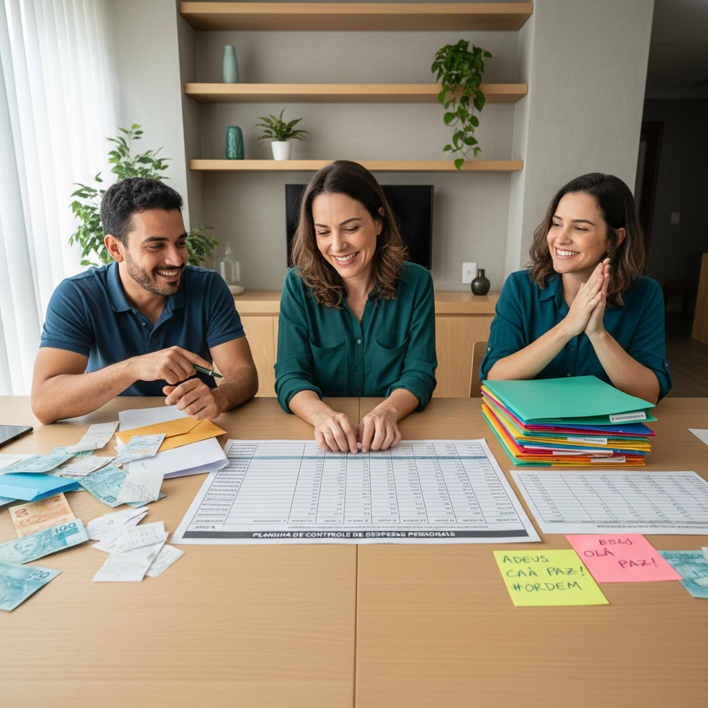 Pessoa frustrada tentando preencher planilha manual de gastos e procrastinando