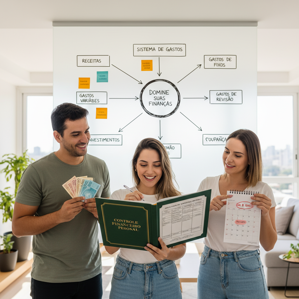 Pessoa utilizando controle de gastos pessoais app no celular para organizar finanças