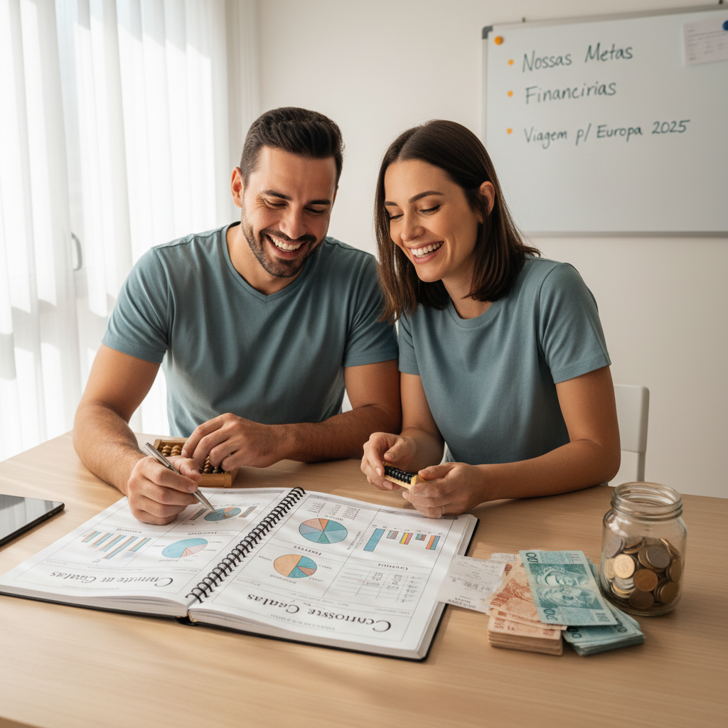Casal conversando sobre controle de gastos casal e finanças transparentes