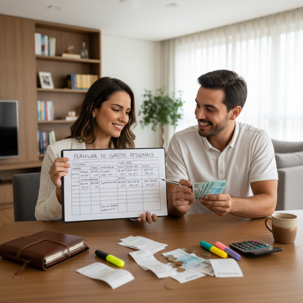 Homem analisando despesas pessoais planilha no computador com gráficos financeiros