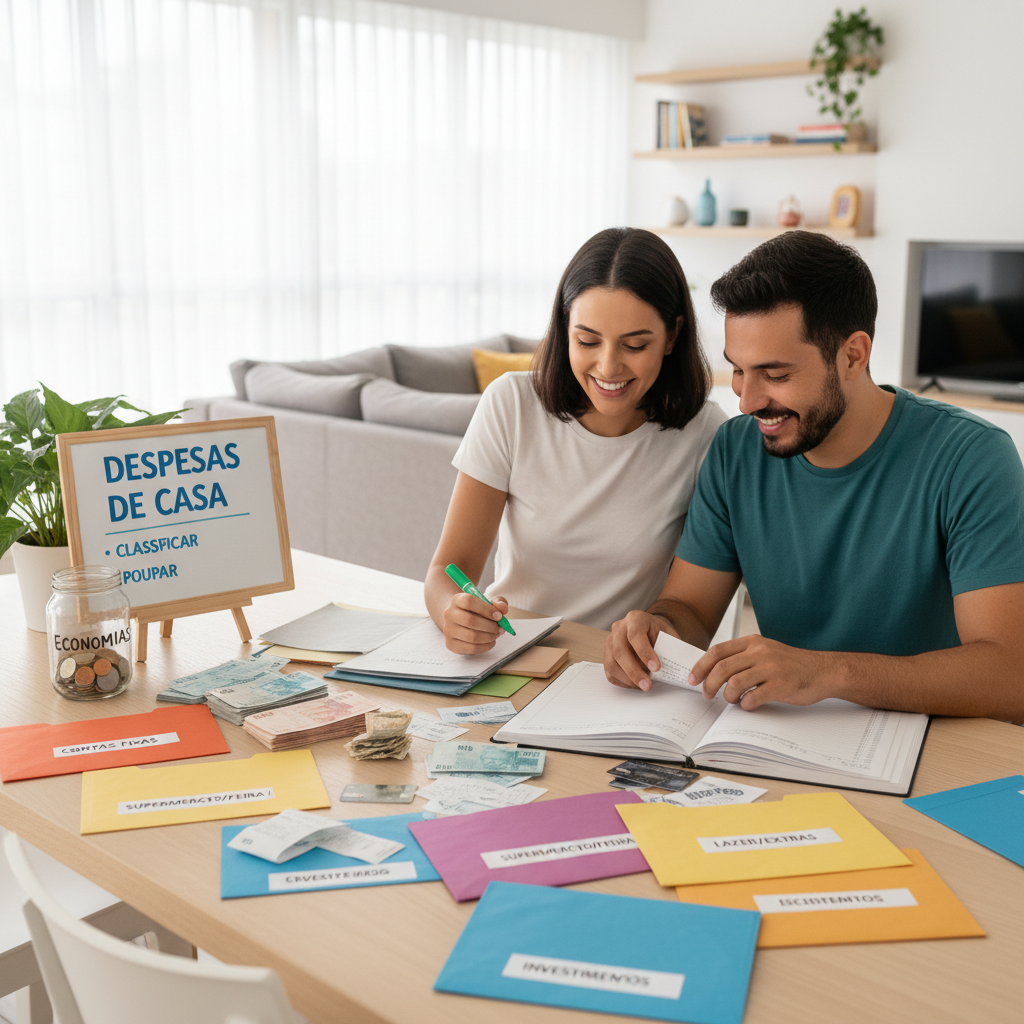 Homem analisando despesas de casa em um ambiente organizado, focando na classificação financeira