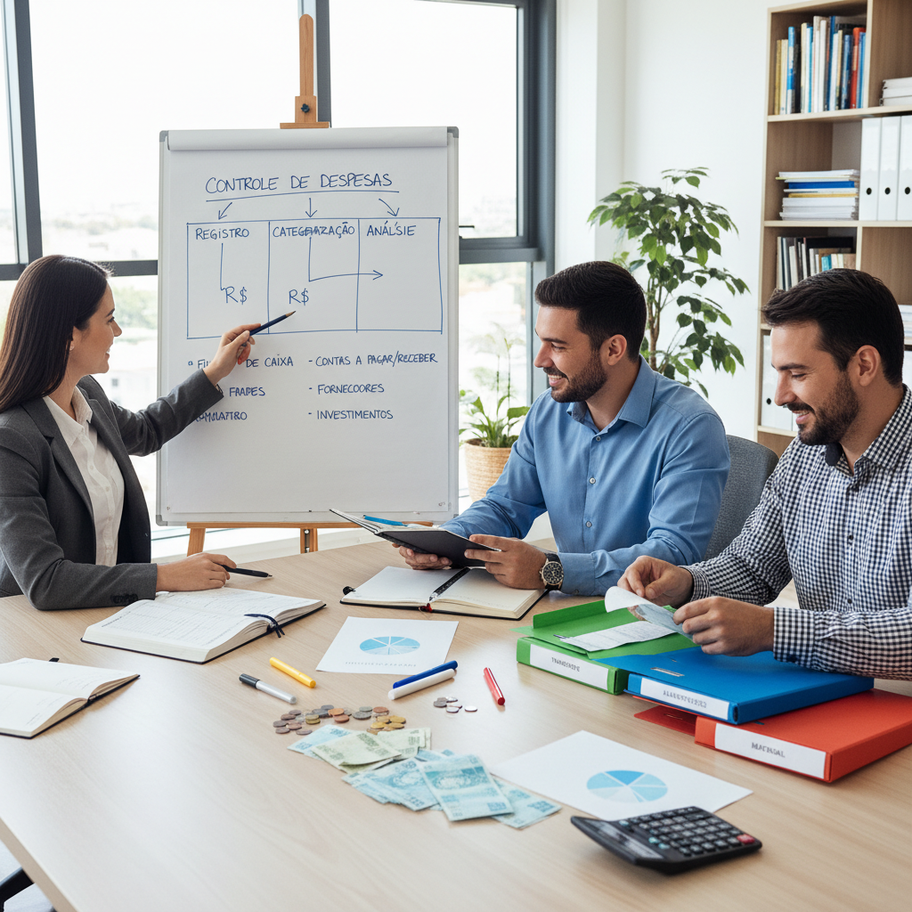 Infográfico mostrando os pilares do controle de despesas para empresas: registro, categorização e análise