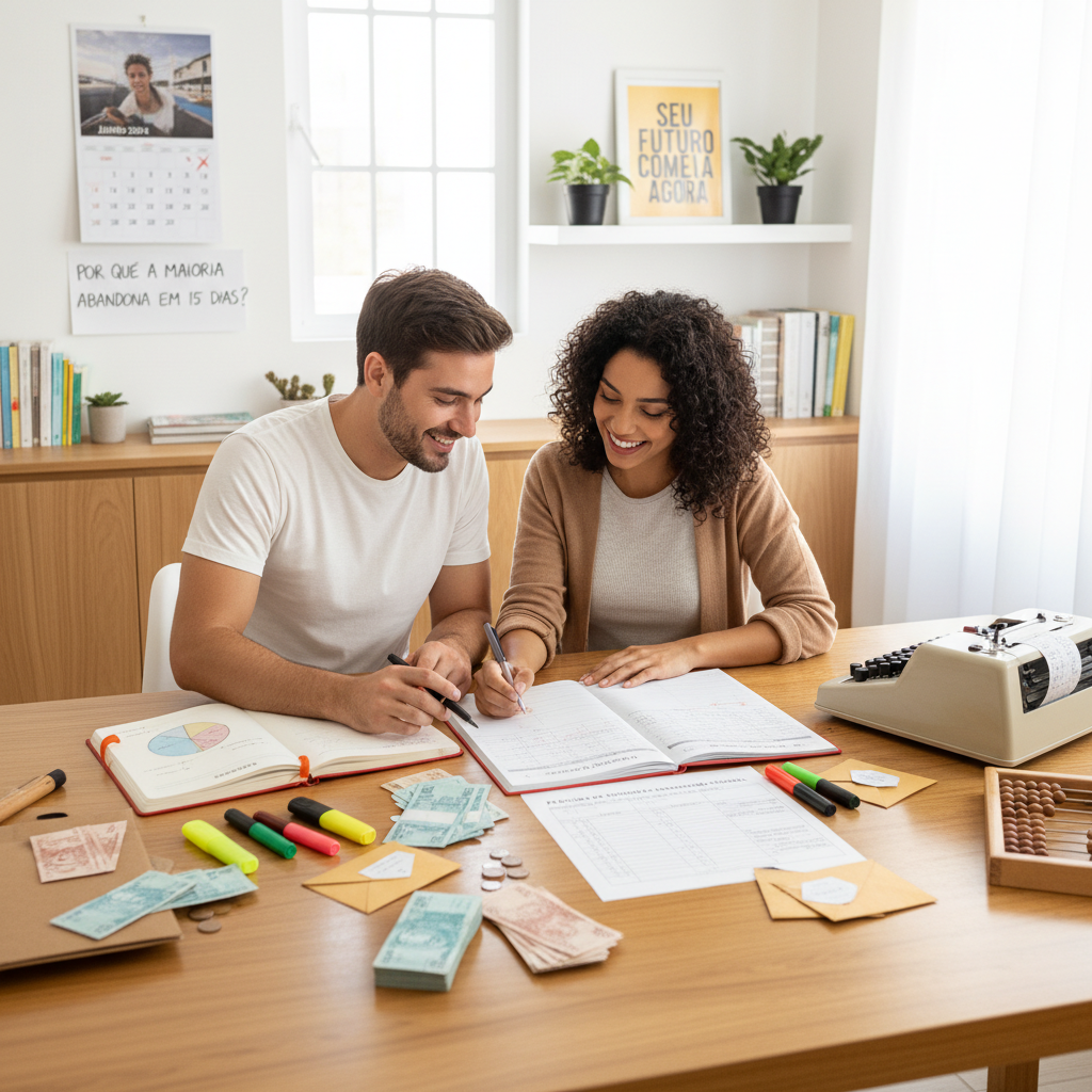 Pessoa frustrada tentando preencher planilha de controle financeiro no computador cercada de notas fiscais