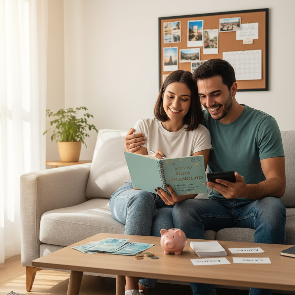 Dashboard visual de um aplicativo de finanças para casal mostrando categorias e limites