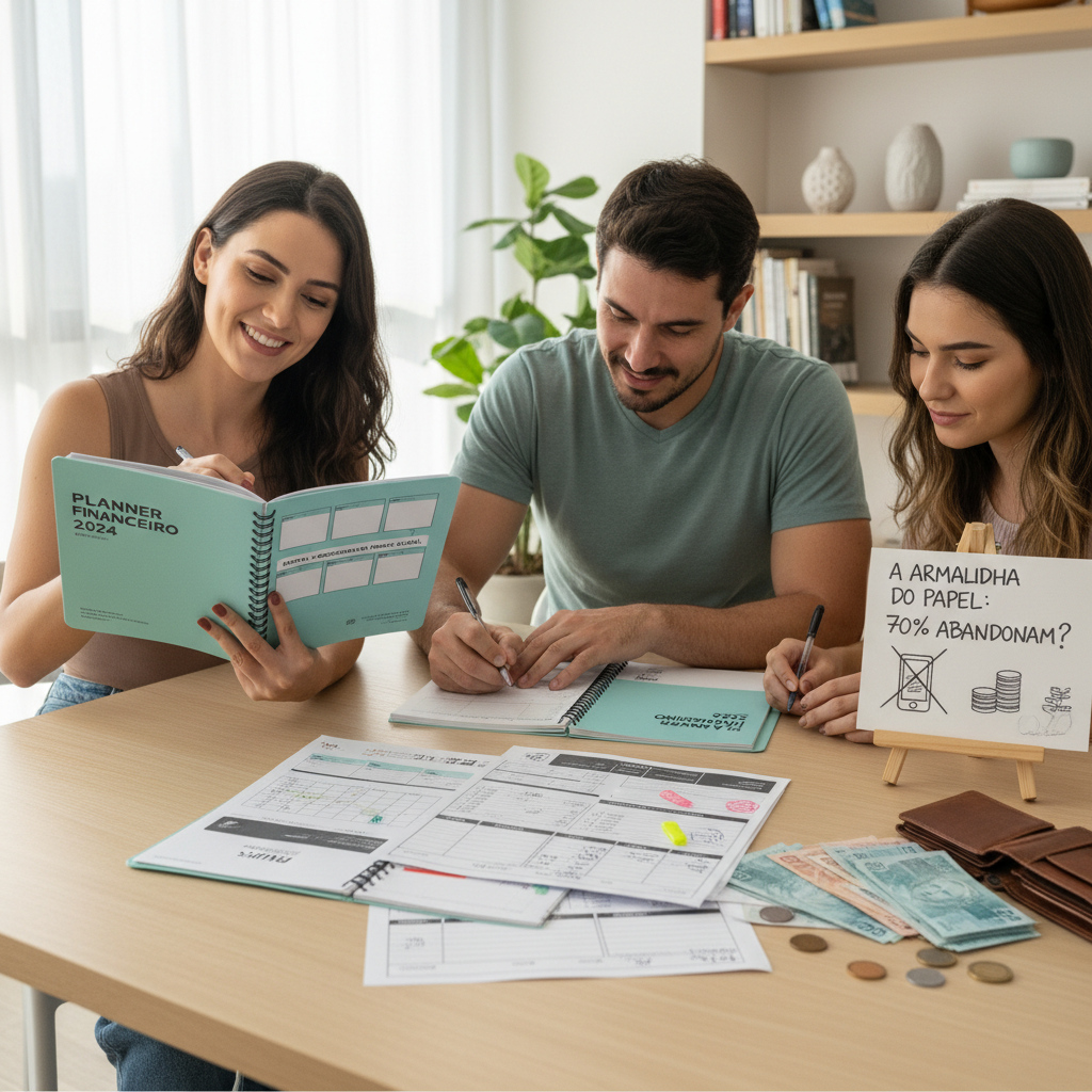 Pessoa frustrada com um planner de papel buscando um app de controle de gastos
