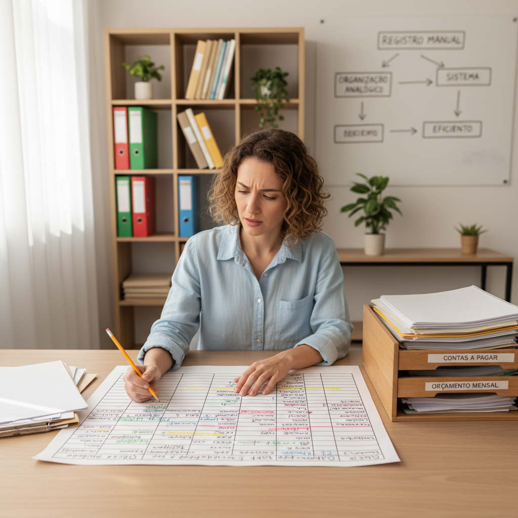 Pessoa cansada tentando preencher planilha de gastos no final do dia representando a fricção do registro
